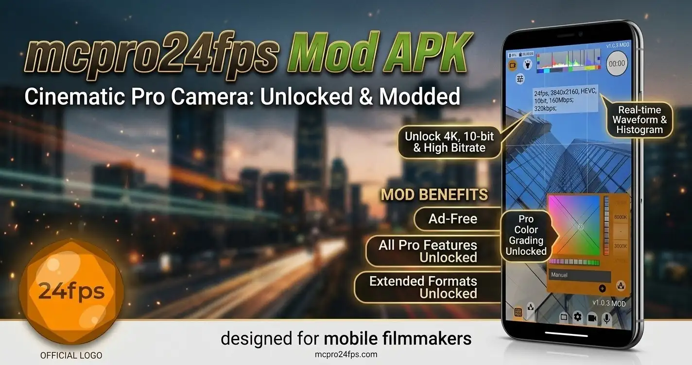 mcpro24fps mod apk featured image showing manual video camera interface